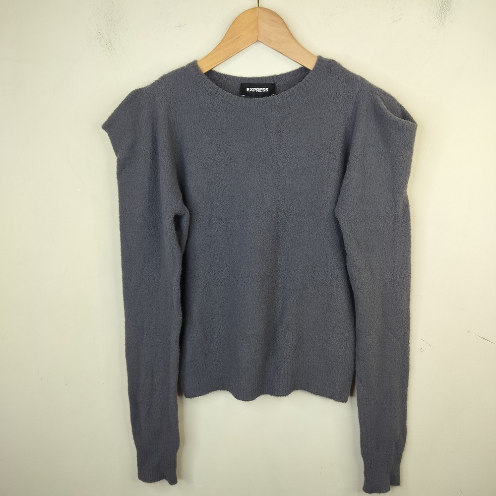 Express Sweater Puff Shoulder Sweater Fuzzy Gray Knit